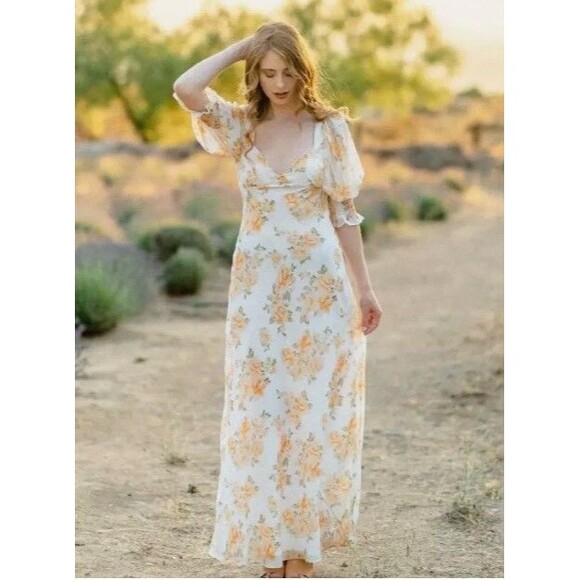 Luxxel Maxi Dress Yellow Floral Open Back Puff Sleeve NWT Womens Size S - Picture 1 of 9